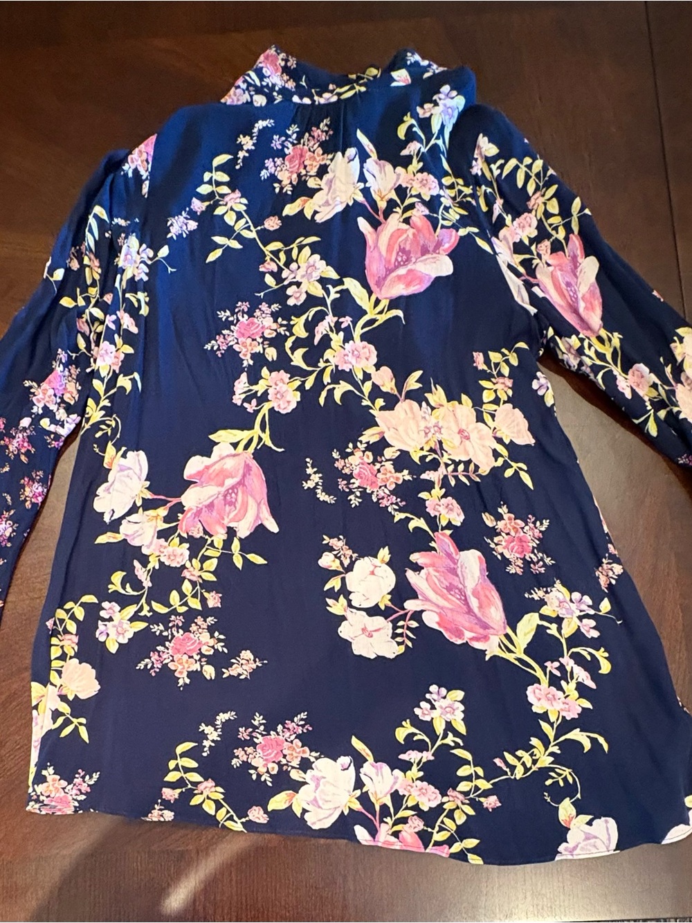 Free People Floral Mini Dress Navy Blue Open Back Bell Sleeve Boho Large